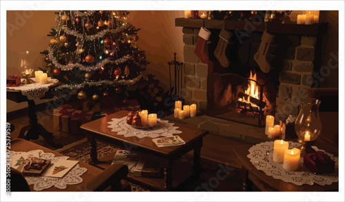 Vector art of christmas living room with fireplace and gifts