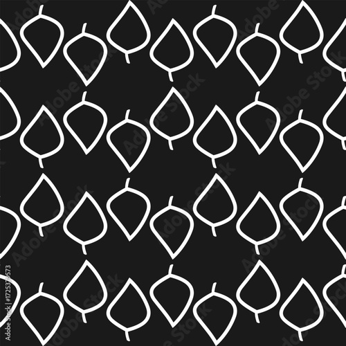 Minimalist seamless pattern with white outlined acorn shapes on a black background. Modern design, perfect for fabric, wallpaper, and contemporary decor