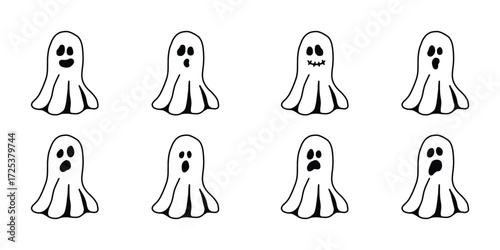 Cute Ghost Vector Set. Halloween Cartoon Characters, Funny Ghost Icons. Spooky and Cute Halloween Vector