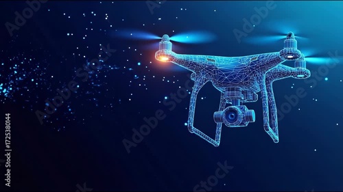 Digital wireframe drone with camera glowing in a futuristic technological environment with abstract connections.