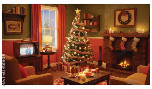 Vector art of cozy christmas living room with decorated tree