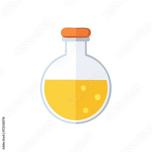 Round bottom laboratory flask with yellow bubbling liquid icon. Flat design vector illustration of science equipment.