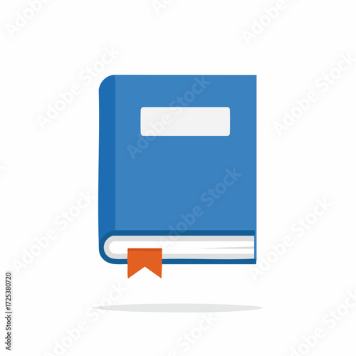 Blue hardcover book with a white rectangle on cover and orange bookmark protruding from the bottom edge