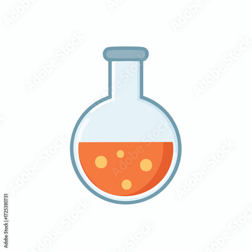 Flat design round bottom flask with orange liquid and bubbles, science experiment concept