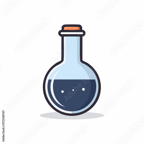 Round bottom flask filled with dark liquid and stopper