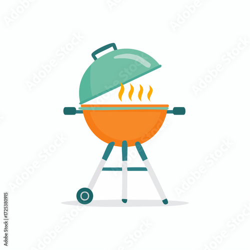 Vector Illustration of a Colorful Barbecue Grill with Open Lid and Rising Heat Flames