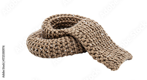 Cozy brown knitted scarf adorned with delicate snowflakes isolated