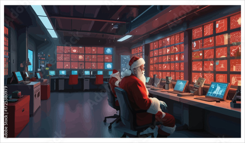 Vector art of santa claus in a modern control center