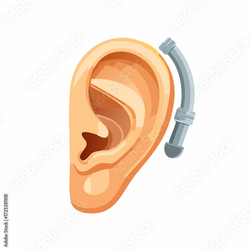 Human ear with modern hearing aid device providing sound amplification and improved listening