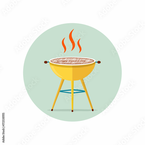 Vibrant yellow charcoal barbecue grill with hot smoke and cooking grate in flat design