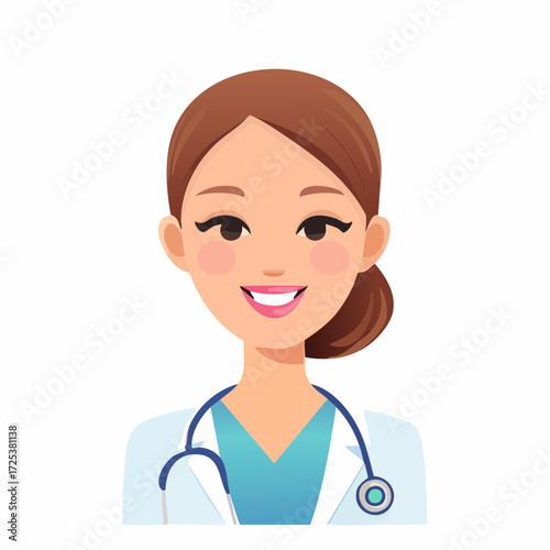 Smiling female medical professional with stethoscope, healthcare cartoon.