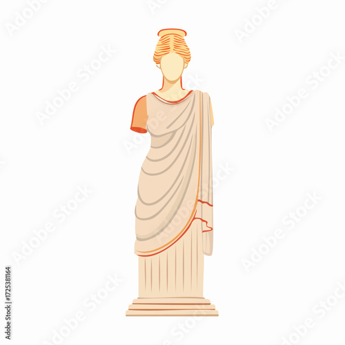 Ancient Greek Female Statue with Toga and Column Base, Archeological Artwork