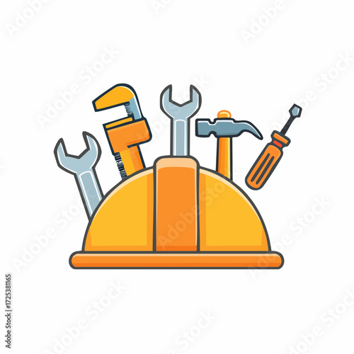 Safety hard hat and assortment of construction tools for renovation and building projects