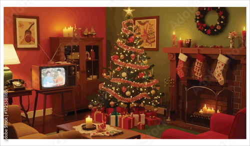 Vector art of cozy christmas living room with gifts