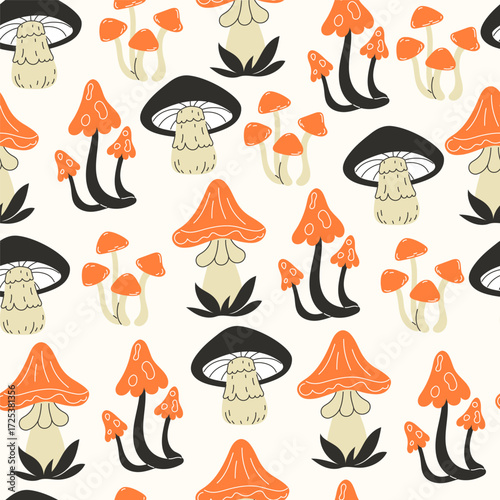 A repeating pattern of cartoonstyle mushrooms