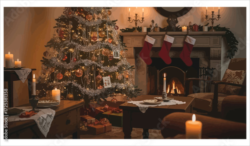 Vector art of christmas tree and fireplace with stockings