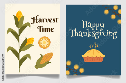 Two autumn cards with harvest and Thanksgiving themes, hand-drawn corn, sunflower, and pumpkin pie illustrations, warm colors, festive typography, isolated on light background
