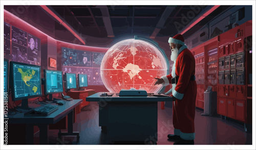 Vector art of santa in a futuristic command center