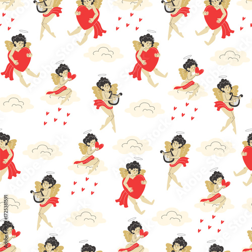 A repeating pattern of cherubs with hearts and harps on clouds