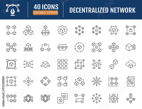 Decentralized network line editable icon set.
Vector Illustration with Editable Strokes