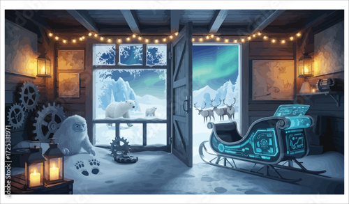 Vector art of santas workshop with arctic view