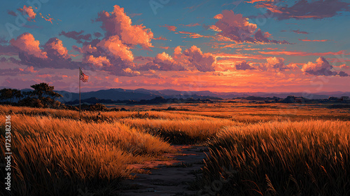 American flag waving in a field at sunset creating a patriotic rural usa landscape scene