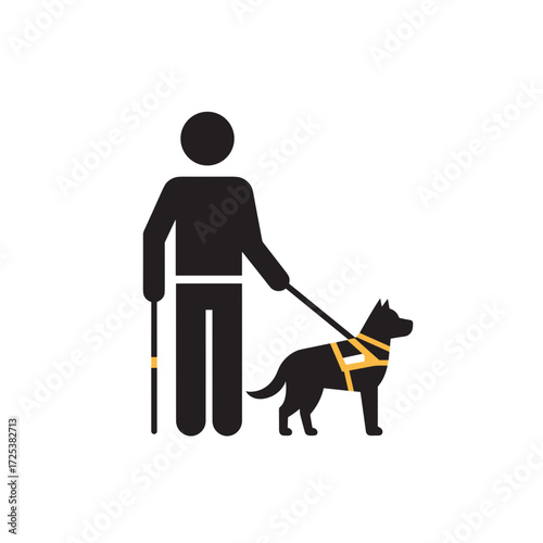 Guide dog and blind person with white cane, accessibility symbol for visually impaired support, assistance dog icon, inclusive design, disability aid illustration, flat vector isolated