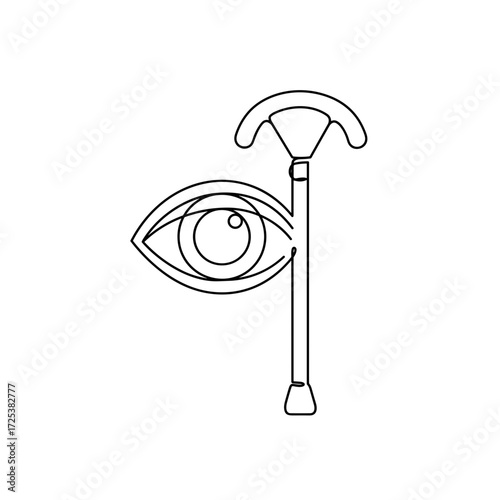 Continuous line drawing of eye and white cane, minimalist blindness awareness symbol, visual impairment icon, ophthalmology and accessibility concept, abstract medical logo design isolated on white ba