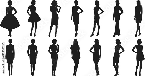 Women silhouette icons, fashion vector set, stylish dress poses, female figure illustration, modern outfit graphics, vintage clothing art, elegant posture design