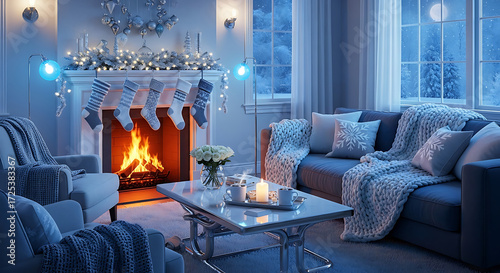 Cozy living room aglow with festive fireplace and snowy window views, creating a warm winter holiday atmosphere.