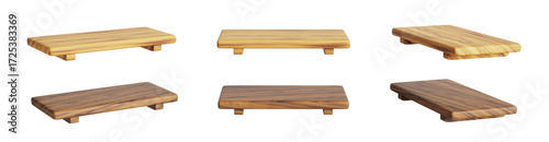3d wooden sushi plate mockup. Empty rectangular serving dish, tray for asian food. Japanese kitchen table with brown and light wood texture front and side view, realistic render set