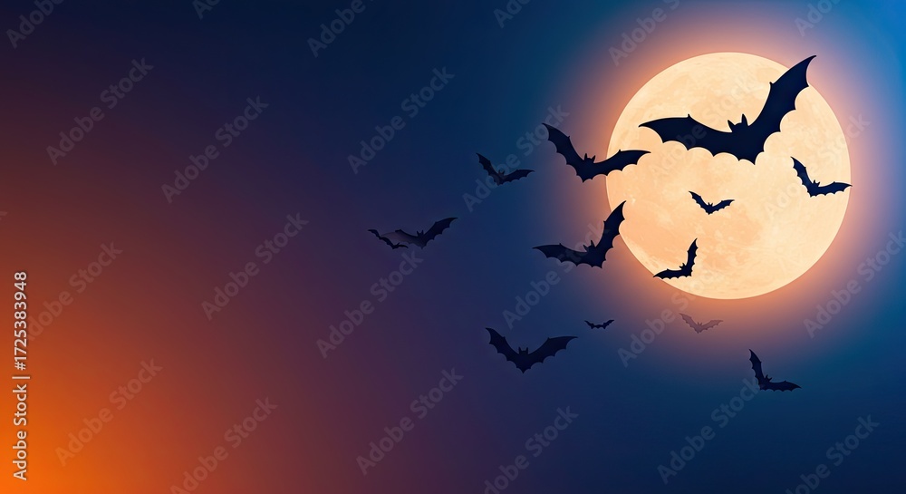 Fototapeta premium Spooky Halloween night background with bats flying past the full moon