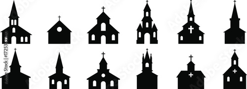 Church silhouette icons, religious architecture symbols, Christian steeple designs, cathedral vector set, chapel illustration pack, cross steeple art, sacred building graphics