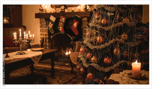 Vector art of christmas tree and fireplace in cozy room