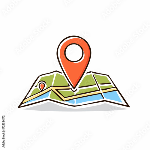 Vector illustration of a folded city map with a large red pin marker, symbolizing the journey to a final destination or point of interest