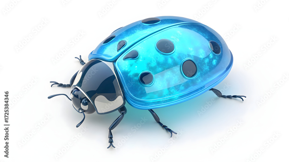 Obraz premium Futuristic 3D blue glass ladybug with glowing holographic shell and metallic details isolated on white background