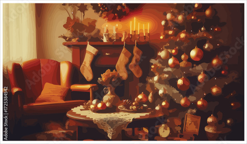 Vector art of cozy christmas interior with fireplace