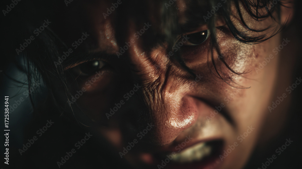 Fototapeta premium Close-up portraits of a terrified man in dramatic horror lighting and suspenseful mood