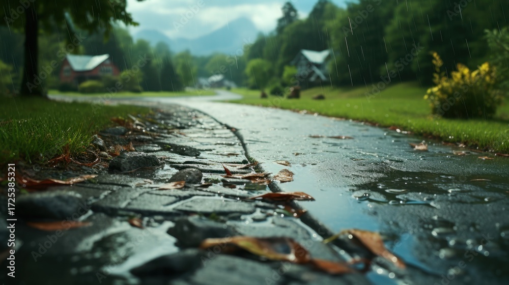 Fototapeta premium Rainy Pathway Through a Neighborhood