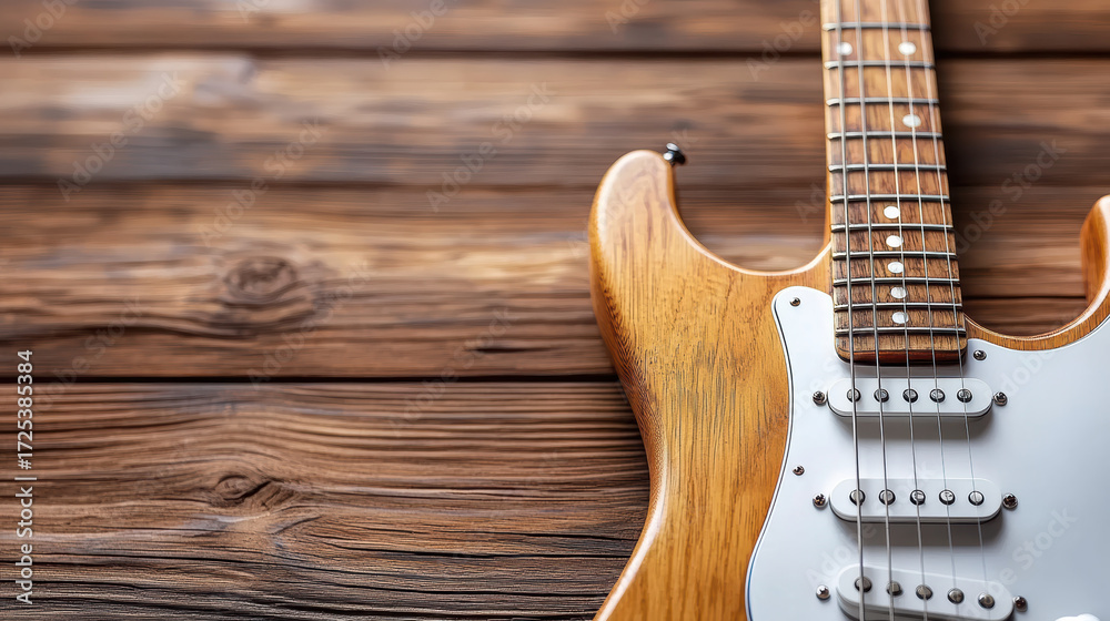 Fototapeta premium Close up of electric guitar on wooden surface, showcasing craftsmanship and design details