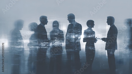 Professional business leaders standing together, engaged in a tech-driven business conversation