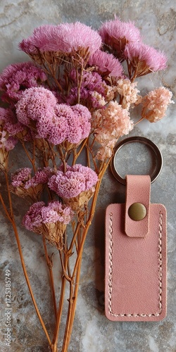 Elegant handmade leather keychain and delicate pink flowers create a stylish and feminine aesthetic for gifts and branding mockups
