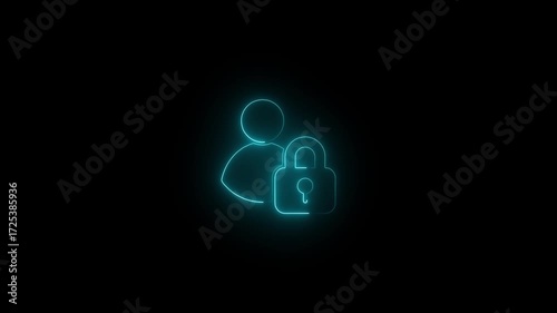 A glowing neon illustration on a dark background shows a person icon with a padlock, representing user account security and data protection in a digital context.