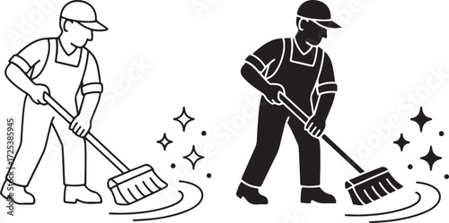 Janitor Sweeping Floor with Broom Icon, Line Art and Silhouette Style