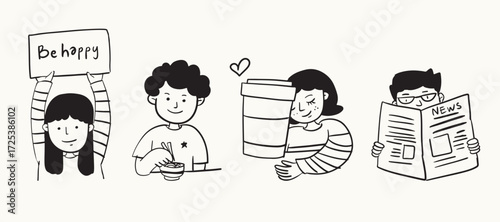 Hand Drawn Illustration People in daily activities such as holding a sign, eating, drinking coffee, and reading a newspaper. Perfect for posters, social media editorial design and stickers