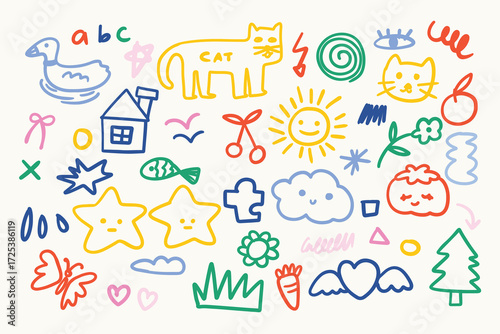 Colorful Hand Drawn Doodle Set of Cute Objects and Symbols. Perfect for kids’ illustrations, creative projects, stationery, stickers, and educational materials.