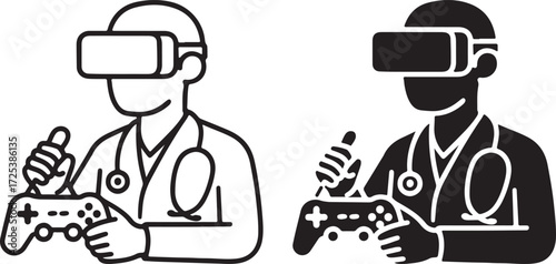 Doctor with VR Headset Playing Video Games Icon, Line Art and Silhouette Style