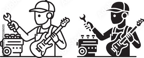 Mechanic Holding Wrench and Guitar Icon, Line Art and Silhouette Style