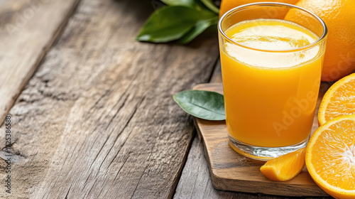 Fresh squeezed orange juice in glass with orange slices on wooden table