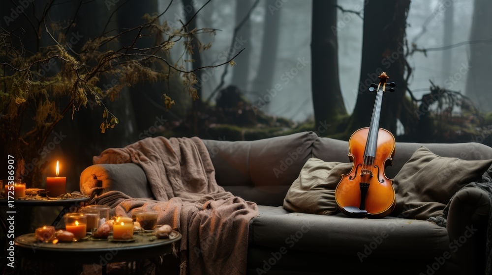 Fototapeta premium Cozy Violin Scene in Forest Ambiance